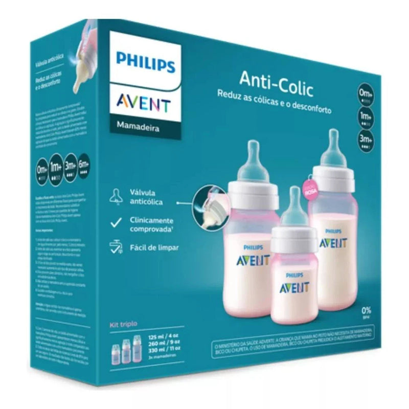 Kit 3 Mamadeiras Rosa Clássica Anticólica 125/260/330ml - PHILIPS AVENT